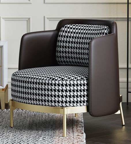 Leather and Black-White Stripe Fabric Accent Chair